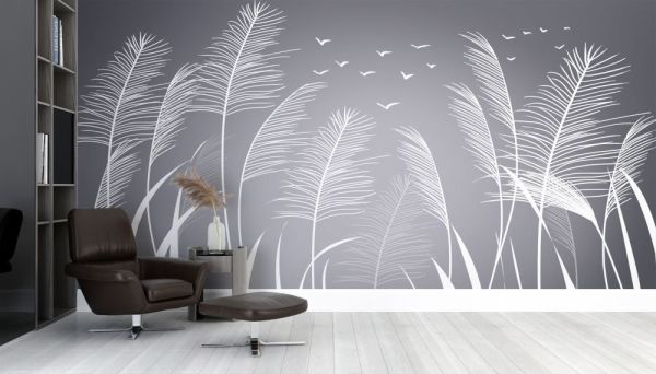 Antrasit Zeminde Beyaz Tüyler Duvar Kağıdı