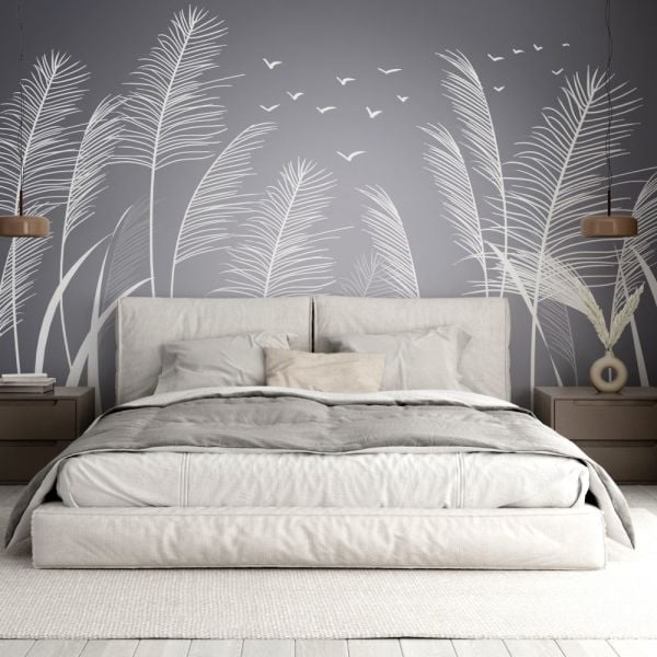 Antrasit Zeminde Beyaz Tüyler Duvar Kağıdı