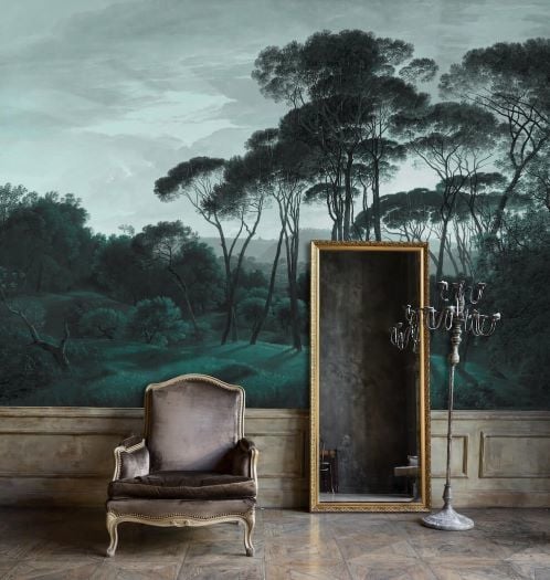 Mint Açık Yeşil Orman Gece Desenli Duvar Kağıdı