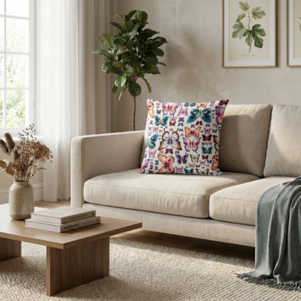 Renkli Kelebek Bahçesi Desenli Dekoratif Yastık