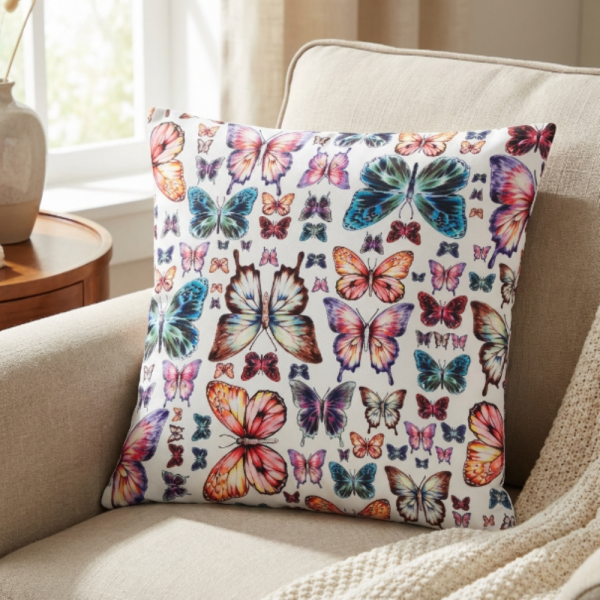 Renkli Kelebek Bahçesi Desenli Dekoratif Yastık