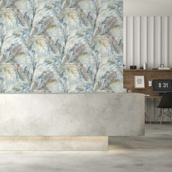 Gri Mavi Tropik Yapraklar Tasarım Duvar Kağıdı