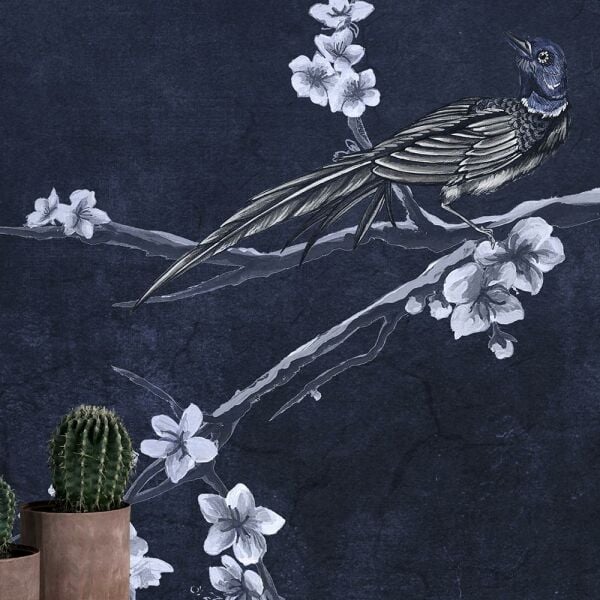 Lacivert Zeminde Sakura Çiçekleri Duvar Kağıdı