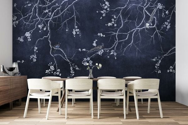 Lacivert Zeminde Sakura Çiçekleri Duvar Kağıdı