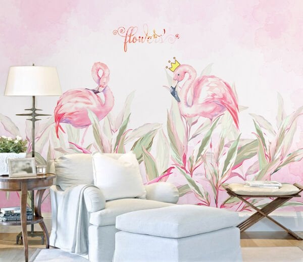 Prenses Flamingo Çizim Duvar Kağıdı