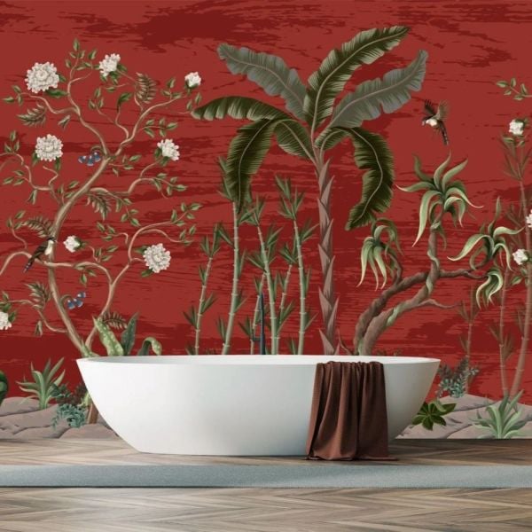 Bordo Zeminde Tropik Bitkiler Çiçekler Duvar Kağıdı