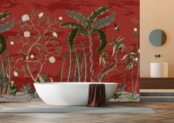 Bordo Zeminde Tropik Bitkiler Çiçekler Duvar Kağıdı