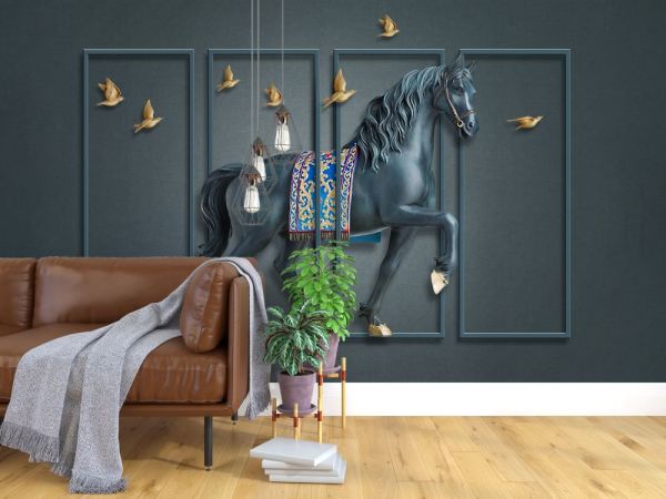 Gold Kuşlar Black Horse Tasarım Duvar Kağıdı