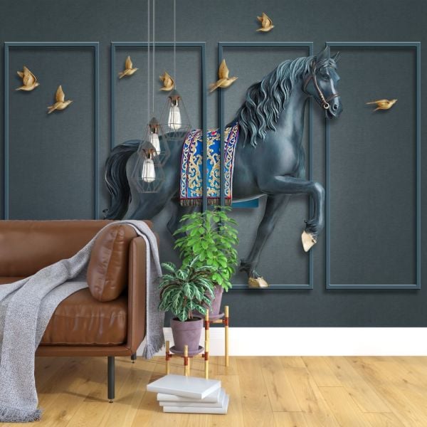 Gold Kuşlar Black Horse Tasarım Duvar Kağıdı