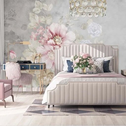 Gri Zeminde Floral Çiçekler Duvar Kağıdı