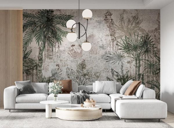 Tropik Ağaçlar Eskitme Zeminde Duvar Kağıdı