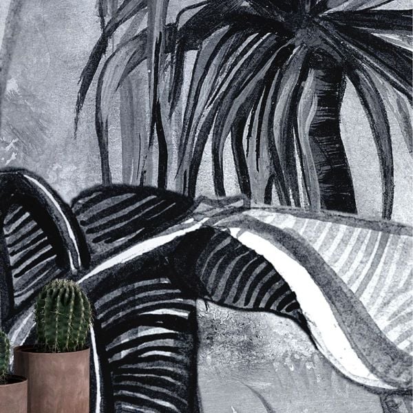 Siyah Beyaz Çizim Tropik Ağaçlar Duvar Kağıdı