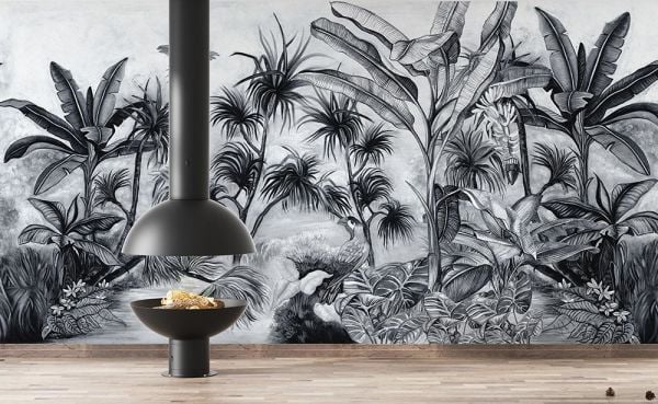 Siyah Beyaz Çizim Tropik Ağaçlar Duvar Kağıdı