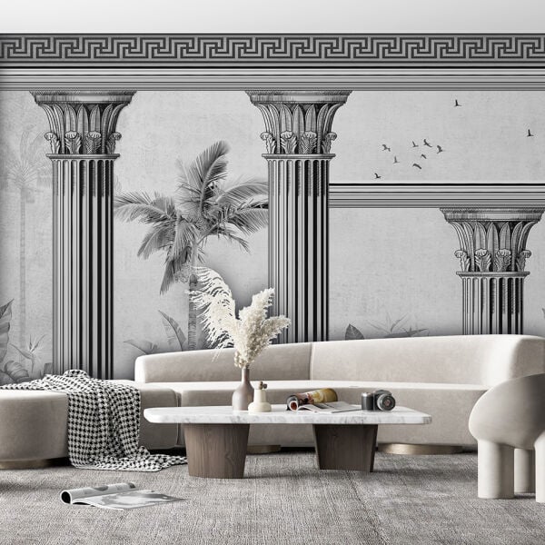 Sütunlar Kuşlar Ağaçlar Tasarım Duvar Kağıdı