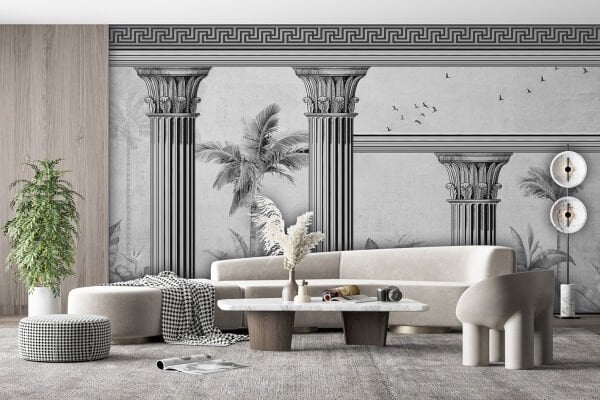 Sütunlar Kuşlar Ağaçlar Tasarım Duvar Kağıdı