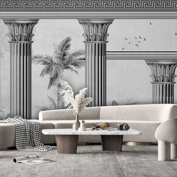 Sütunlar Kuşlar Ağaçlar Tasarım Duvar Kağıdı