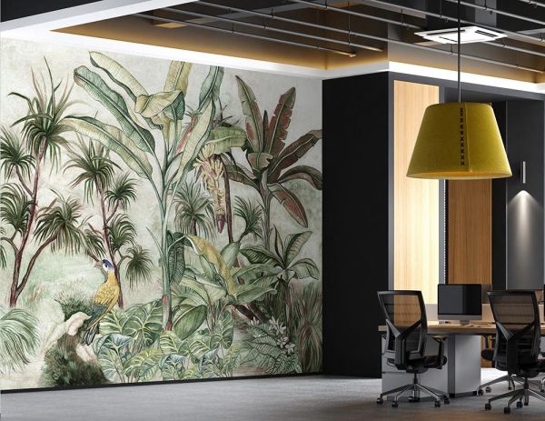 Pastel Çizim Papağan Ağaçlar Duvar Kağıdı