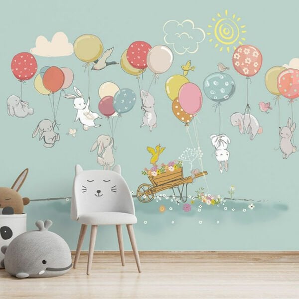 Renkli Balonlarda Eğlenceli Tavşanlar Duvar Kağıdı