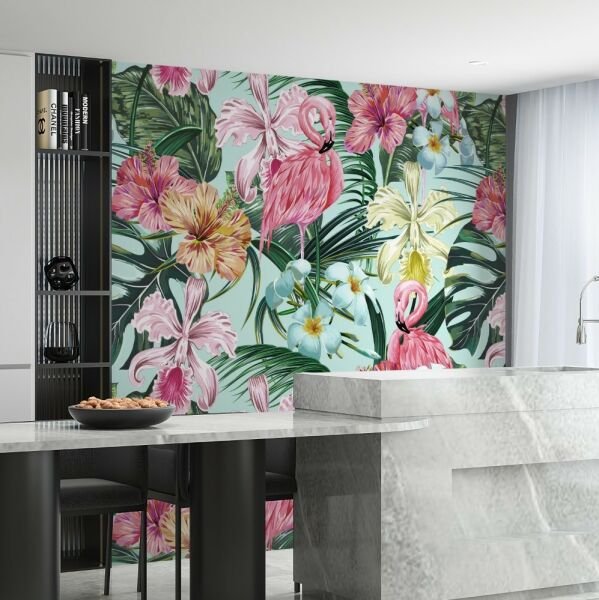 Çiçekler İçinde Pelikanlar Tasarım Duvar Kağıdı