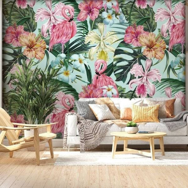 Çiçekler İçinde Pelikanlar Tasarım Duvar Kağıdı