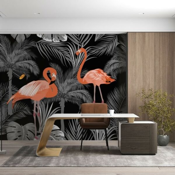 Siyah Zeminde Pelikanlar Tasarım Duvar Kağıdı