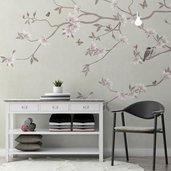 Gül Kurusu Zarif Çiçekler Kuşlar Duvar Kağıdı