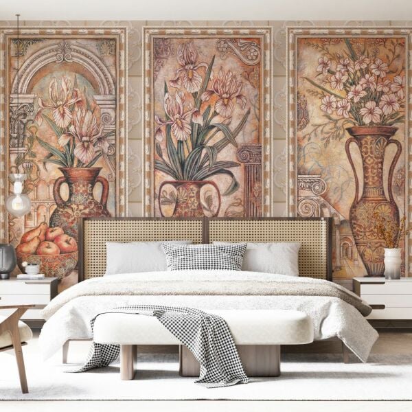 Çıtalar İçinde Etnik Vazolar Çiçekler Duvar Kağıdı