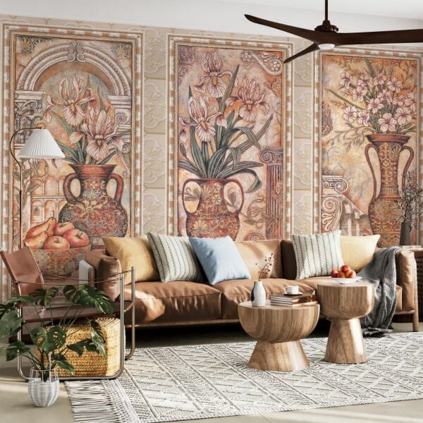 Çıtalar İçinde Etnik Vazolar Çiçekler Duvar Kağıdı