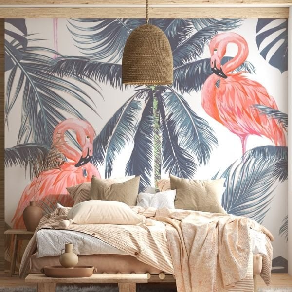 Gri Palmiye Ağaçları İçinde Pelikanlar Duvar Kağıdı