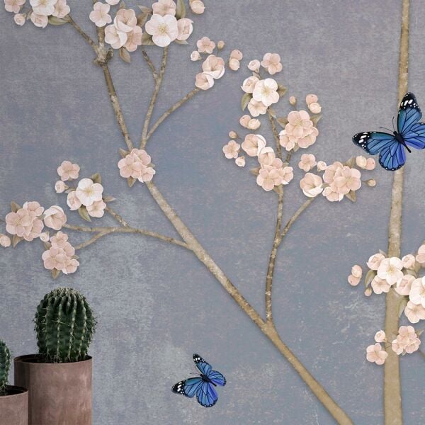 Mavi Kelebekler Çiçekler Duvar Kağıdı