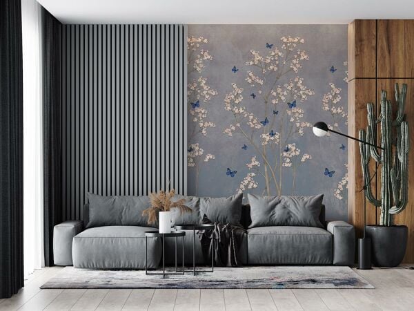 Mavi Kelebekler Çiçekler Duvar Kağıdı