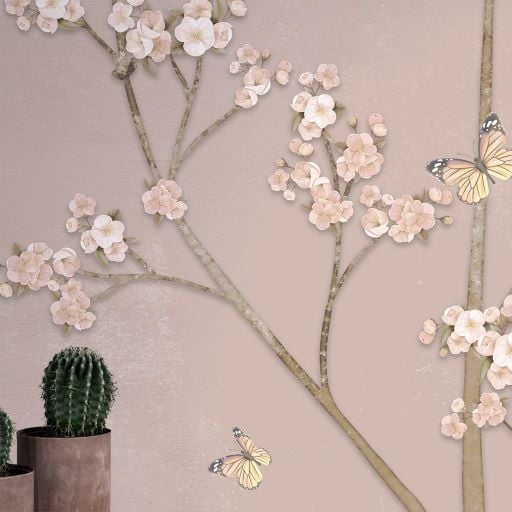 Pudra Zeminde Mini Çiçekler Kelebekler Duvar Kağıdı