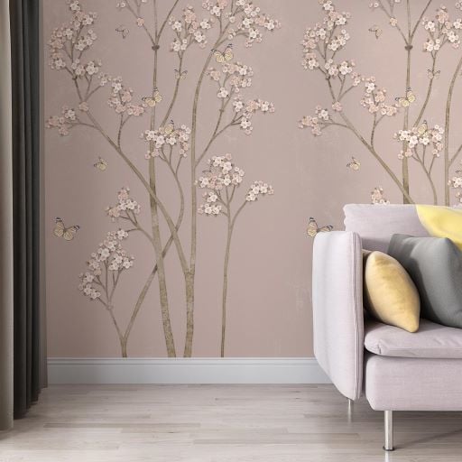 Pudra Zeminde Mini Çiçekler Kelebekler Duvar Kağıdı