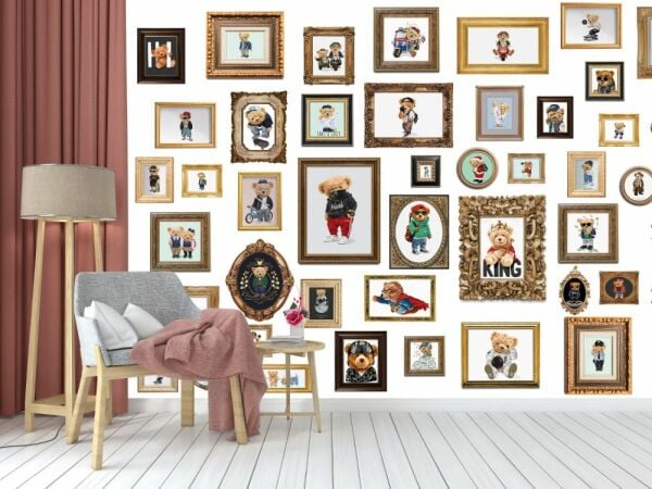 Teddy Bearlar Çerçeve Detaylı Beyaz Zemin Duvar Kağıdı