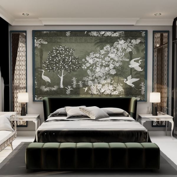 Yağ Yeşili Zemin Leylekler Ağaçlar Duvar Kağıdı