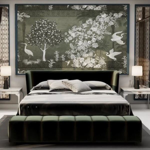 Yağ Yeşili Zemin Leylekler Ağaçlar Duvar Kağıdı