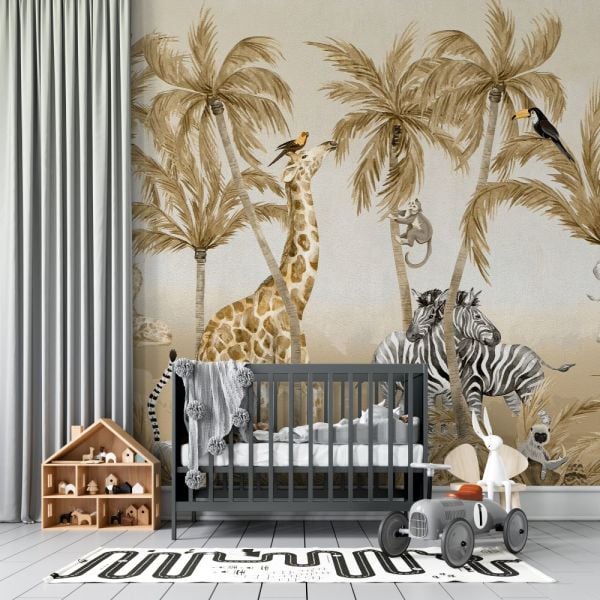 Zürafa Zebralar Ormanda Tasarım Duvar Kağıdı