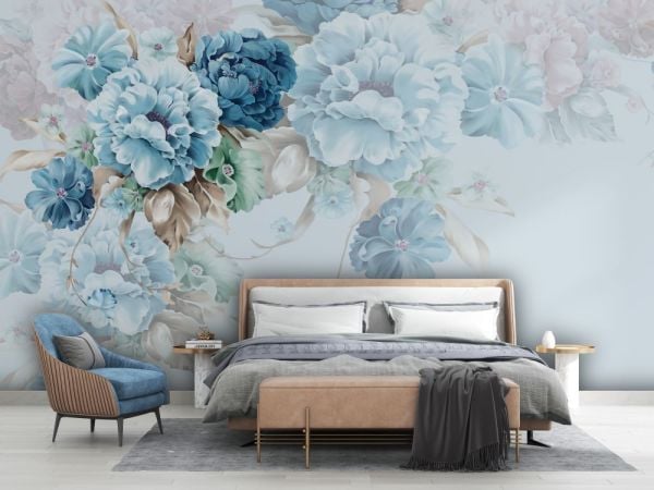 Mavi Turkuaz Ortanca Çiçekler Duvar Kağıdı