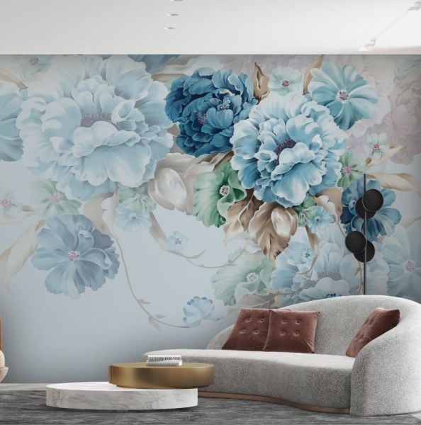 Mavi Turkuaz Ortanca Çiçekler Duvar Kağıdı