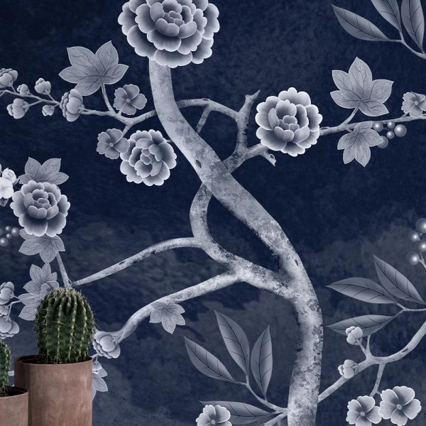Beyaz Sarmaşık Çiçekler Lacivert Zeminde Duvar Kağıdı