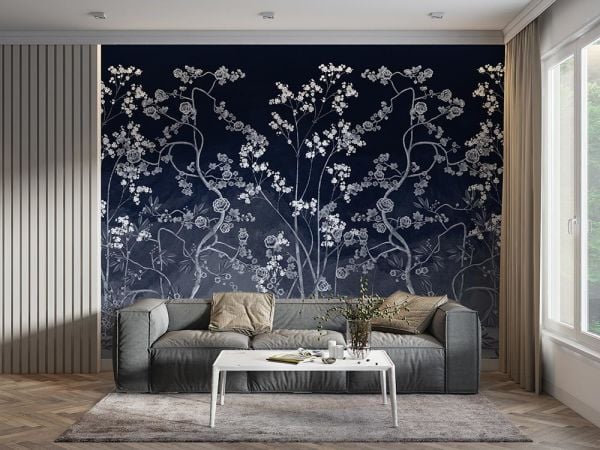 Beyaz Sarmaşık Çiçekler Lacivert Zeminde Duvar Kağıdı