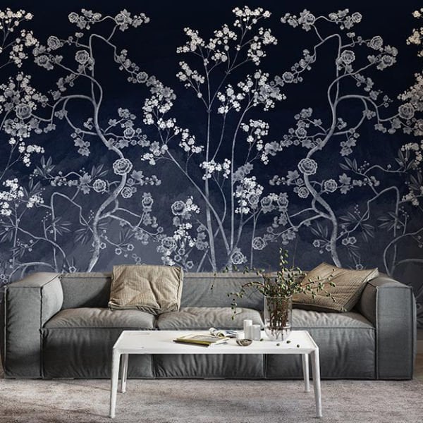 Beyaz Sarmaşık Çiçekler Lacivert Zeminde Duvar Kağıdı