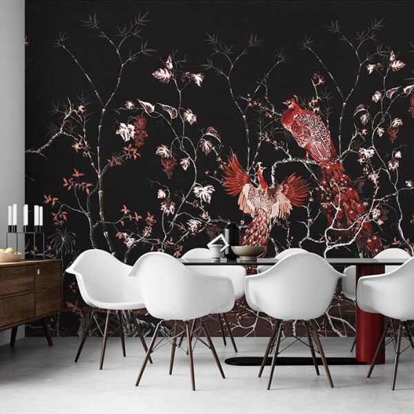 Siyah Zeminde Kırmızı Tavus Kuşları Duvar Kağıdı