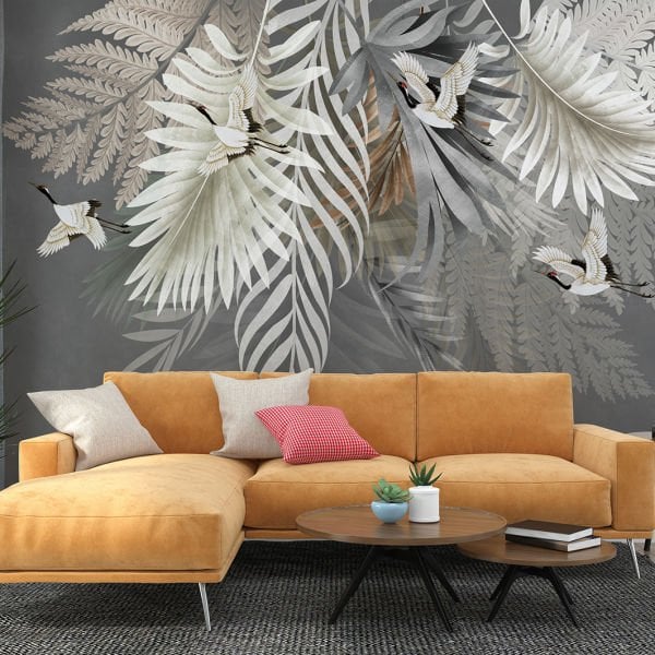 Tasarım Yapraklar Üzerinde Turna Kuşları Duvar Kağıdı