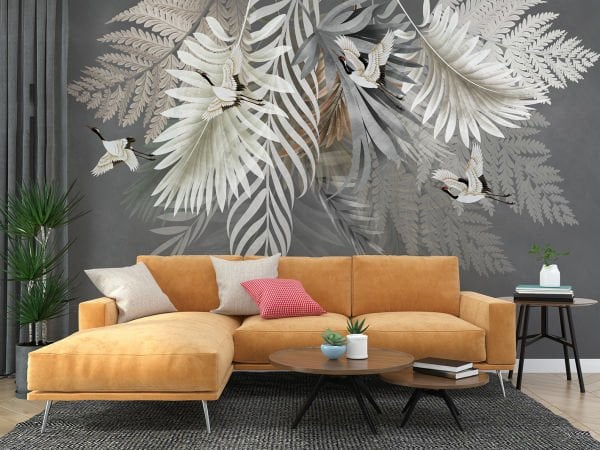 Tasarım Yapraklar Üzerinde Turna Kuşları Duvar Kağıdı