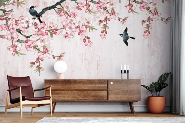 Toz Pembe Çin Gülü Ve Kırlangıçlar Duvar Kağıdı