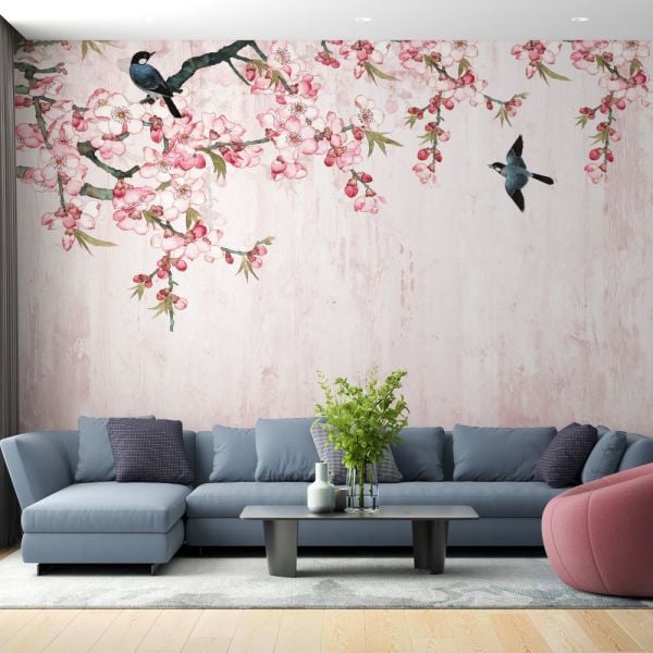 Toz Pembe Çin Gülü Ve Kırlangıçlar Duvar Kağıdı