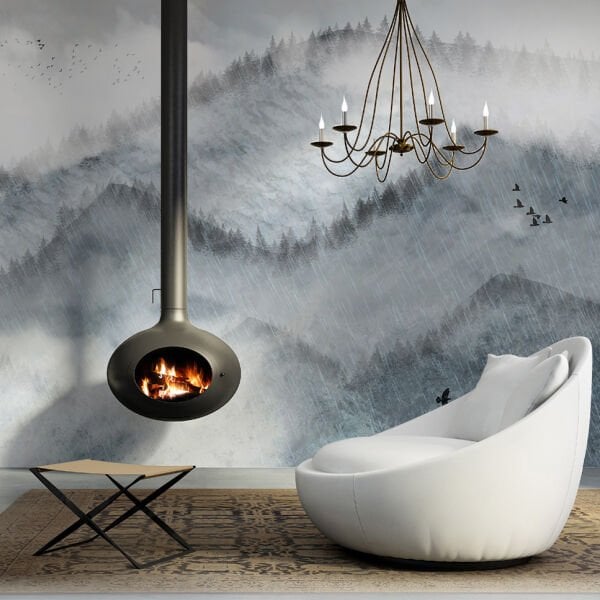 Gece Gri Duman Rengi Çam Ağaçları Duvar Kağıdı