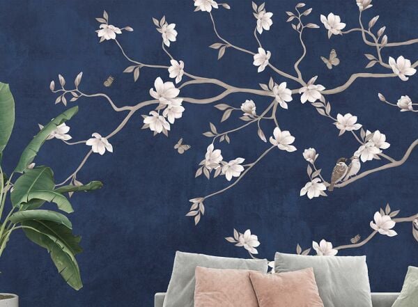 Sakura Çiçekler Kuşlar Duvar Kağıdı