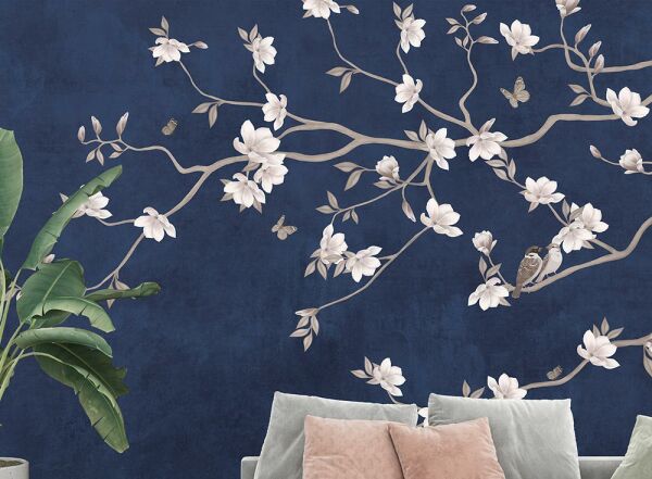 Sakura Çiçekler Kuşlar Duvar Kağıdı